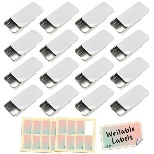 Slide Top Tin Containers for Lip Balm, Solid Perfume (0.5 oz, 16-Pack, w/Labels) - (Small) Empty Cosmetics Metal Boxes with Sliding Lids (Gloss White)