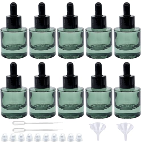 10 Pack 1oz Dark Green Round Flat Shoulder Essential Oil Dropper Bottle With 2 Funnels And 2 Plastic Pipette, 30 ml Thick Bottom Dropper Bottle Travel Aromatherapy Oil Container