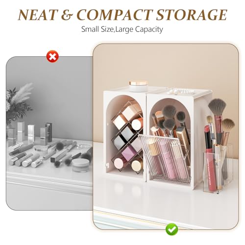 FOLLOWIN Compact Makeup Organizer for Vanity,Lipstick Holder with Grid & Makeup Brush Organizer with Flip Drawer,Cosmetic Organizer Set for Cosmetics,Brushes,Lipsticks,Milk White & Clear
