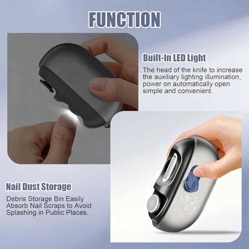 2PC Electric Nail Clipper, Electric Nail Clippers for Seniors & Adults, Baby Electric Nail Trimmer with LED Light & Nail Scraps Storage, 3-in-1 Automatic Nail Clipper for Toenails & Fingernails (Grey)