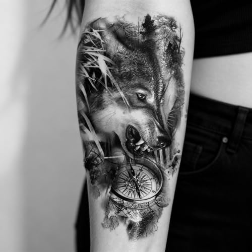 2 Sheets Realistic Animal Temporary Tattoos Stickers Forest Compass Wolf Designs For Men Waterproof Arm Leg Fake Body Art, Gym & Parties Bold Masculine Decals