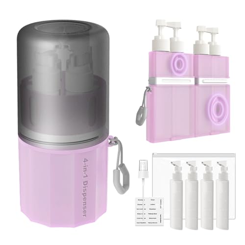 4 in 1 Travel Dispenser Bottle, TSA Approved Refillable Shampoo and Conditioner Bottles Set with Suction Cup for Smooth Walls, Travel Size Toiletries Container for Body Wash/Lotion.(Pink)