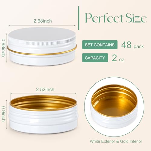 Aluminum 2oz Tins with Lids (48 Pack), Empty Salve Tins Round Tin with Lids, Metal Containers for Salve, Homemade Balm, DIY Lotion Bars & Travel Storage - Recyclable, Durable (White and Gold)