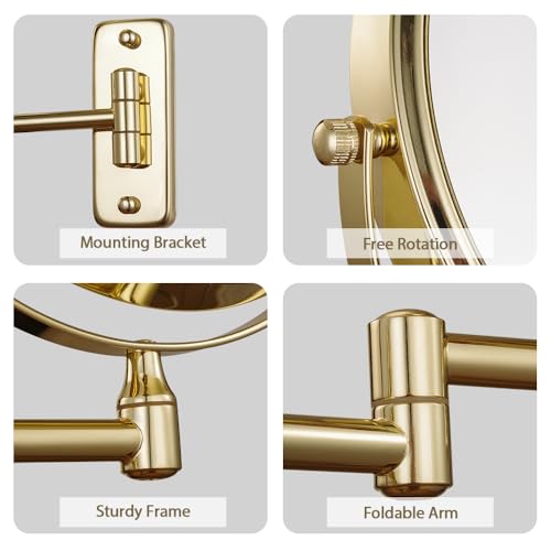 Cerdeco 8 Inch Double Sided Makeup Wall Mount Mirror with Gold Plated Finish 360 Swivel Extendable Cosmetic Shaving Mirror