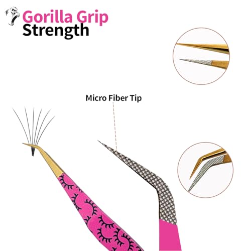 Professional 2-Piece Eyelash Extension Tweezers Set ? Premium Stainless Steel Precision Tweezers with Anti-Slip Grip with Fiber Tips (Pink)