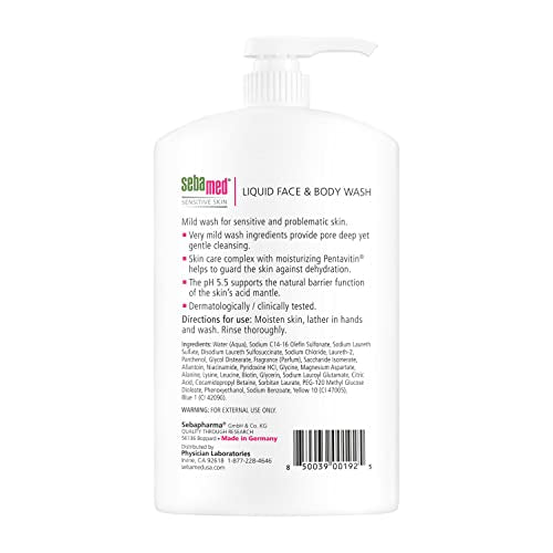 SEBAMED Sensitive Skin Face and Body Wash for Women and Men, pH 5.5, Mild Gentle Hydrating Cleanser, Hypoallergenic Body Wash, Dermatologist Recommended, 33.8 Fluid Ounces (1 Liter)