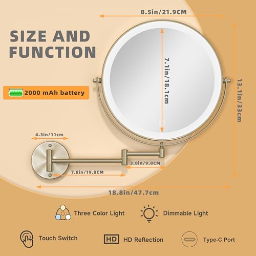 8.5" Wall Mounted Makeup Mirror with Light, 2000mAh Rechargeable Double Sided 1X / 10X Magnifying Vanity Mirror, 3 Color Lights Touch Dimmable 360¡Æ Rotation Bathroom Mirror, Nickel