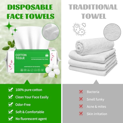 Disposable Face Towels 100 Count, Biodegradable Facial Towels for Sensitive Skin, Ultra Soft & Thick Face Cloth, Lint- free Dry Wipes for Makeup Remover, Skincare and Cleansing (2 Pack)