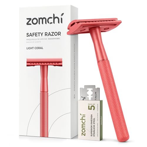 ZOMCHI Single Blade Double Edged Safety Razor with 5 Safety Razor Blades, Metal Razor for Men & Women, Single Blade Razor ? Light Coral