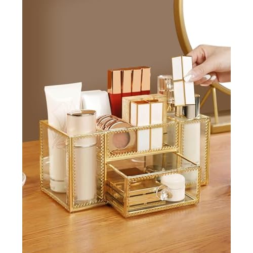 FSyueyun Vanity Clear Glass Makeup Organizer, Gold Makeup Brush Holder Cosmetic Storage Display Case for Skincare Perfume Dresser Countertop