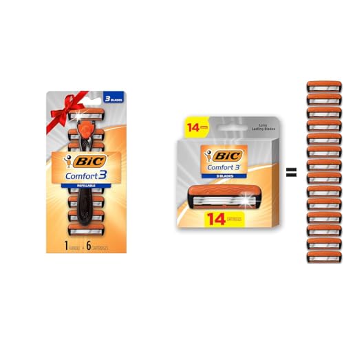 BIC Comfort 3 Refillable Three-Blade Disposable Razor, 1 Handle and 6 Cartridges + BIC Comfort 3 Refillable Refill Razor Cartridges, Three-Blade Disposable Razors, 14 Razor Refill Cartridges