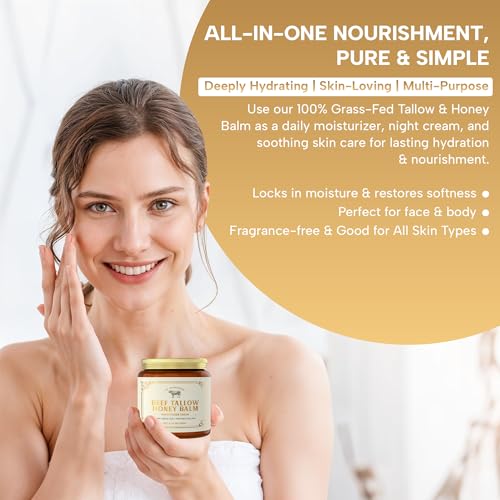 100% Grass-Fed Whipped Beef Tallow and Honey Balm for Skin, Moisturizer for Face & Body with Organic Beeswax & Organic Honey Balm, All Natural Formula, 4.23OZ (120G)