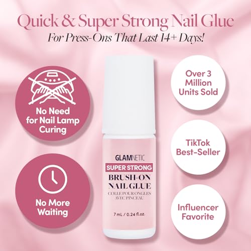 Glamnetic Press-On Nails - Goal Digger | Super Strong Brush On Nail Glue & Press-On Nail Remover | Glossy, Semi-Transparent, Short Round Nails with Gold Foil, Reusable | 12 Sizes - 30 Nail Kit