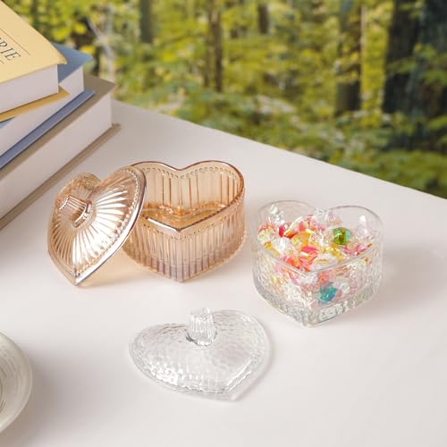 Dusting Powder Container with Velour Puff Cute Heart Shaped Body Powder Jar with Reusable and Washable Puff Clear Amber Glass Makeup Holder for Women