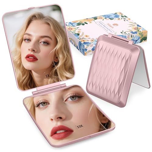 Travel Makeup Mirror with 1X/10X Magnifying, Portable Folding Make Up Tabletop Mirror for Office, Compact Vanity Mirror for Travel (Rose Pink, No LED Lights)
