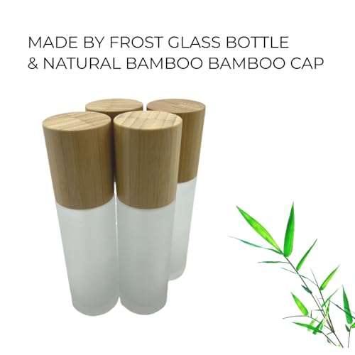 Empty Cosmetic Bottles 3.3oz/100ml 4 PACK with Bamboo Cap,Frosted Glass Lotion Pump DispenserRefillable Emulsion Cosmetic Cream Bottles, Toiletries Refill Travel Containers(Frost Clear)