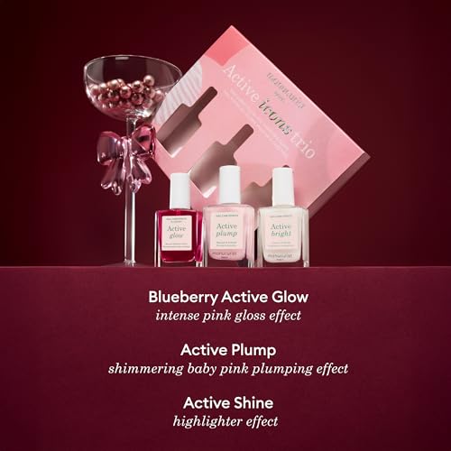 Manucurist Active Icons Trio Set - Active Glow Blueberry, Active Shine, Active Plump Nail Polishes - Nail Strengthener - Brightening Treatment Polish & Care - Gift Box