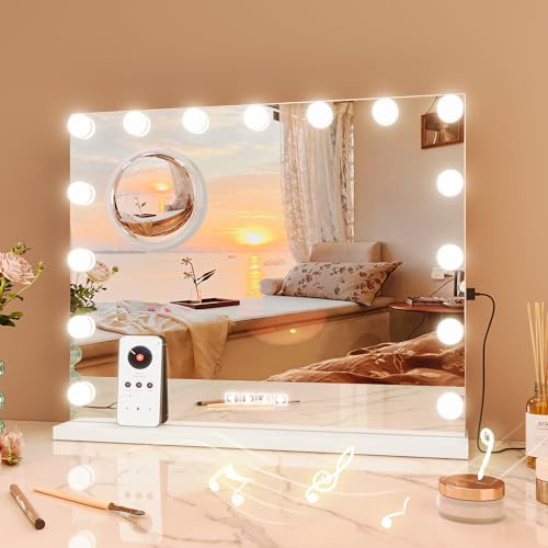 Vanity Mirror with Lights and Bluetooth, Makeup Mirror with 15 Dimmable LED Bulbs/USB Charging/Smart Touch/3 Colors Dimmable/10X Magnification/360¡Æ Rotation, Desktop&Wall Mount, Bedroom&Dressing Room