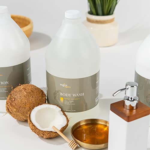 Zogics Organics Body Wash ? Moisturizing Body Wash for Men and Women, Plant-Based Formula Made with Essential Oils, Great as Body Wash Refill in Facilities, Honey Coconut Scent (1 Gallon)