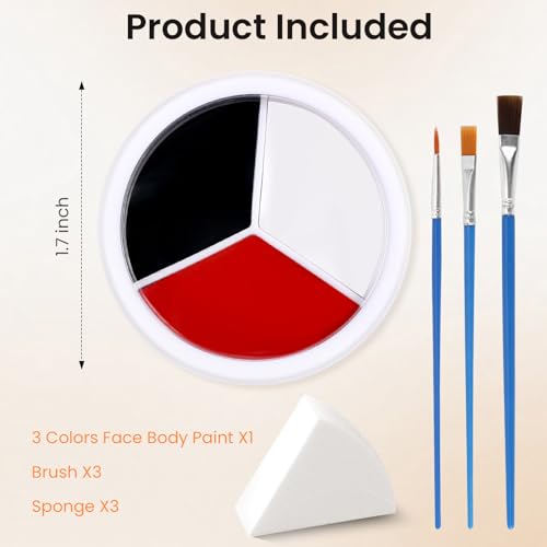 3 Colors Face Body Paint + 3pcs Sponge + 3pcs Brush, ¡¼Full Coverage¡½¡¼Skin Friendly¡½¡¼Long Lasting¡½, Professional Paint Makeup Product For Halloween/Masquerade/Cosplay/Movie Makeup, Black+White+Red