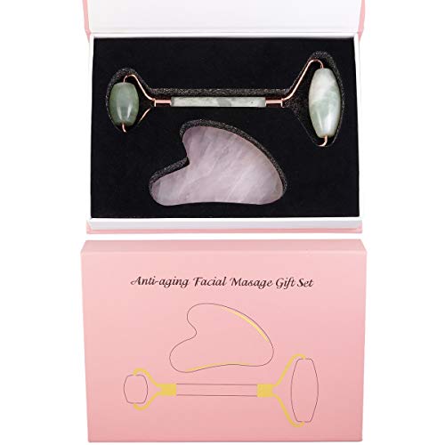Rockcloud Natural Crystal Jade Roller and Gua Sha Scraping Set Massager Tool for Anti Aging Beauty Neck Body Reduce Wrinkles Facial Massager Therapy Xiuyan Jade and Rose Quartz Crystal Stone