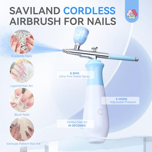 SAVILAND 25 PSI Airbrush for Nails: Rechargeable Nail Airbrush Machine 3 High-Pressure Modes Cordless Airbrush Kit with Compressor 0.3 mm Nano Nozzle Airbrush Paint Airbrush Makeup for Nails Art