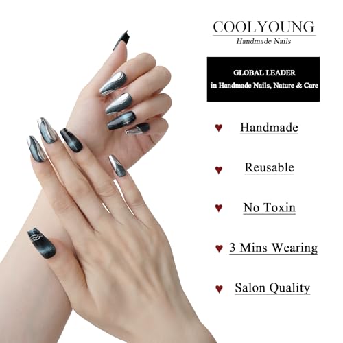 Handmade Press On Nails, Cat Eye Nails, Coffin Nails, Nailphoria Press Ons, Press On Nails Blue, 3D Nails Press On, Acrylic Press On Nails, Gifts For Woman, COOLYOUNG Nails, 10 PCS, Size M