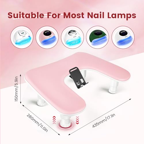 JODSONE Pink U-Shaped Manicure Arm Rest for Nails Tech with Rotating 360¡ÆBuilt-In Phone Holder and Adjustable Nail Arm Rest Detachable Manicure Hand Rest for Salon Design