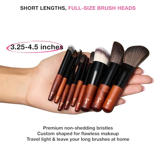 Cosme 9 FLAWLESS FACE MINI Short Handle Makeup Brush Set & Case - Travel Size Small Buffing Foundation, Powder, Concealer, Blush Bronzer Contour, Eyeliner, Brow, Eyeshadow in Natural & Synthetic Hair