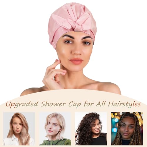Shower Cap for Women Reusable Waterproof, Large Satin Shower Bonnet, Washable Bath Hat for Long Hair, Braids, Curly Hair, Pink + Black