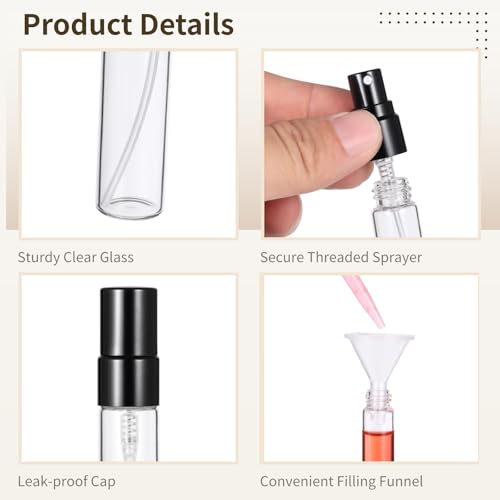 50 Pcs 10 ml Perfume Bottles - Refillable Glass Mini Spray Bottles, Portable Travel Sample Containers, Fine Mist Atomizers with Caps, Includes 2 Funnels and 2 Dispensers, Ideal for Liquids, Black