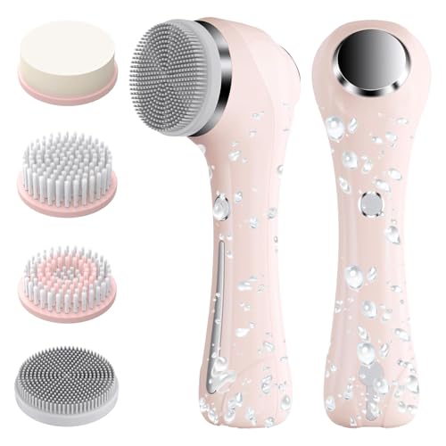 Facial Cleansing Brush, 2 in 1 £×aterproof IPx7 Facial Spin Scrubber Set with 4 Brush Heads, Rechargeable Exfoliating Face Brush Deep Cleansing, Gently Exfoliate and Remove Blackhead Pink