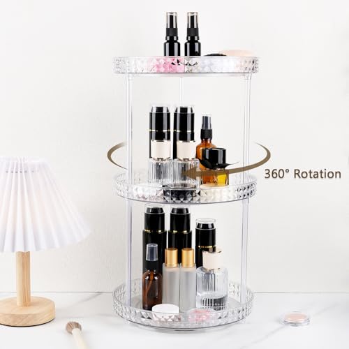 360 Clear Rotating Makeup Organize for Vanity,3 Tiers Lazy Susan with Diamond Pattern, Large-Capacity Skincare Organizers Cosmetic Display Case Organizer for Dresser (Clear White, 3Tiers)