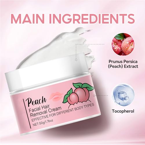 Facial Hair Removal Cream,Peach Facial Depilatory Cream for Upper Lip and Chin,Gentle Facial Hair Removal Painless Hairs Removers for Body Face Lips