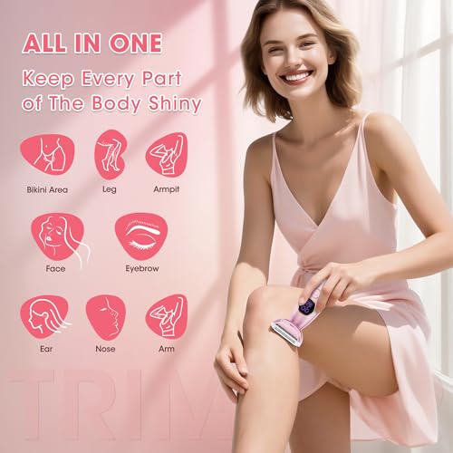 Karrte 5-in-1 Electric Razor for Women's Pubic Hair, Painless Body Shaver and Facial Epilator, Hair Removal for Face, Bikini Trimmer for Women's Private Area Pink