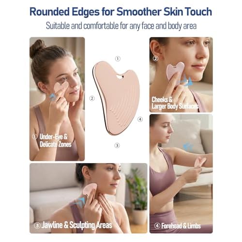 Gua Sha Facial Tools, 3-in-1 Gua Sha & Roller & Comb Set, Upgraded No-Slip Textured Guasha, Metal Lymphatic Drainage Massager for Skin Tightening & Face Sculpting, Skincare Gift for Women (Rose Gold)