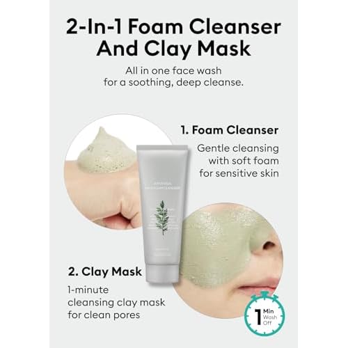 MISSHA Artemisia Pack Foam Cleanser 5.07 Fl oz/ 150ml, 2-in-1 Korean Facial Cleanser & Clay Mask with Double-Fermented Mugwort Extract, Soothes Sensitive Skin