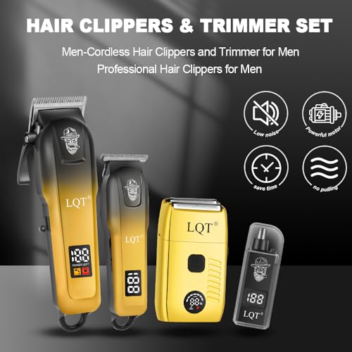 Hair Clippers for Men, with LED Display 4-Piece Cordless Hair Clippers, Beard Trimmer, Foil Shaver & Nose Trimmer, Complete Rechargeable Set for Home Barber Use (Black Gold)