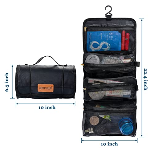 Toiletry Bag Can Hanging Small Roll-Up Makeup Organizer Bag with 3 Detachable Transparent Mesh Folding Cosmetic Travel Bags for Women & Men Black Toiletries Organizer Bag Gym Camping Grooming, Black