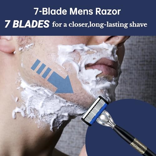 Upgrade 7-Blade Razor for Men, 7 Layers of Razor Blades, 1 Razor Handle + 3 Blade Refills, Dual Lubrication & Precision Trimmer, Lubrastrip for Comfortable Shave