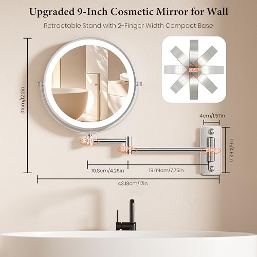 9" Large Wall Mounted Lighted Makeup Mirror, 5000mAh Rechargeable 1X/15X Magnifying Mirror with 3 Color Lights Touch Dimmable, Extended Arm 360¡Æ Rotation Bathroom Wall Mounted Makeup Mirror, Nickel