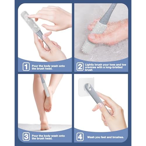 4 Pack Toe Cleaning Brush Set,Long Handle Bath Toe Brush Scrubber Bathroom for Seniors Elderly Men and Women (Grey)