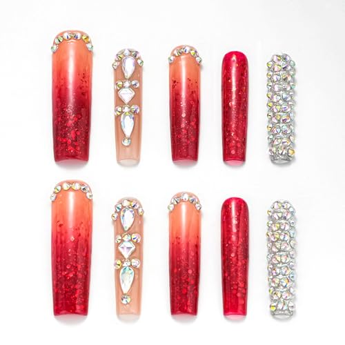Luxury Ombre Red Glitter Gems Handmade Press On Nails,Long Square Glue On Nails,Glitter Full Covered Gems Charming False Nails For Women And Girls,10Pcs/Set With Glue,(Red-M),FOB