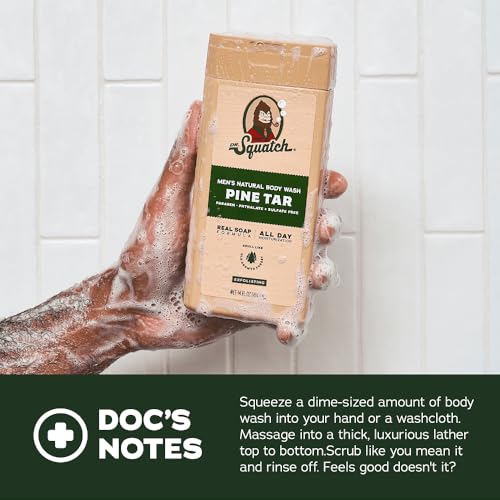 Dr. Squatch NEW Body Wash for Men with Nourishing, Natural Ingredients | No Paraben, Phthalate, Sulfate | Coconut Castaway (14 oz), Wood Barrel Bourbon & Pine Tar (8 oz, 2-Pack) & Body Scrubber