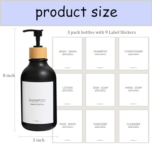 Shampoo and Conditioner Frosted Bottles Bamboo Pump, Refillable Shampoo Empty Bottles for Lotion Oil Shower Soap Dispenser (6p-Black)