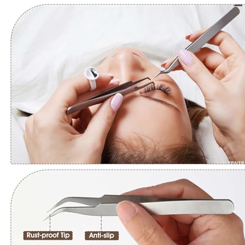 10 PCS Stainless Steel Eyelash Tweezer, Curved Pointed Craft Tweezers for Crafting with Protective Cover Precision Tweezers Set Multipurpose Nail Sticker Tweezer for Eyelash Extensions Blackhead