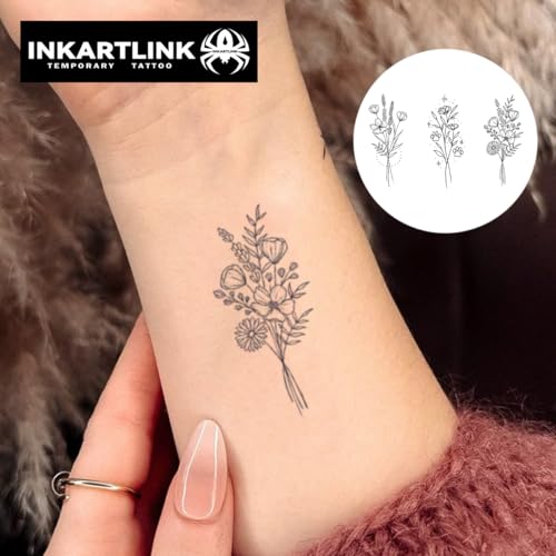 INKARTLINK Women's Semi-Permanent Floral Temporary Tattoos - Adult Art Design, Cruelty-Free, Waterproof, Non-Reflective (3 Sketch Flowers)
