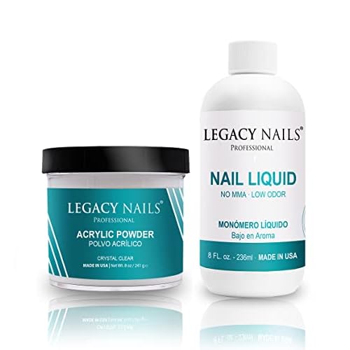LEGACY NAILS - Crystal Clear Acrylic Powder 8oz AND Nail Sculpting Liquid Monomer 8oz - Medium Setting Time - MMA-free - Superior Adhesion - Natural Finish