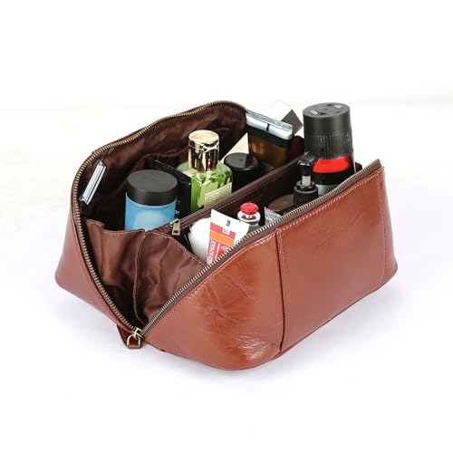 KomalC Luxury Leather Men¡¯s Toiletry Travel Bag ? Handmade Shaving Kit with Waterproof Interior, Spacious Storage & Carry Handle ? leather travel Kit Bag for Men & Women (Wine)