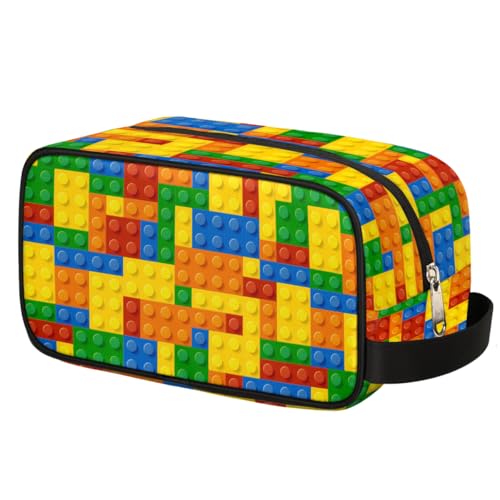 Kids Travel Toiletry Bag - Colorful Building Blocks Waterproof Hanging Cosmetic Hygiene Bags for Boys Men - Large Shave Kit for Toiletries Accessories Bathroom Stuff